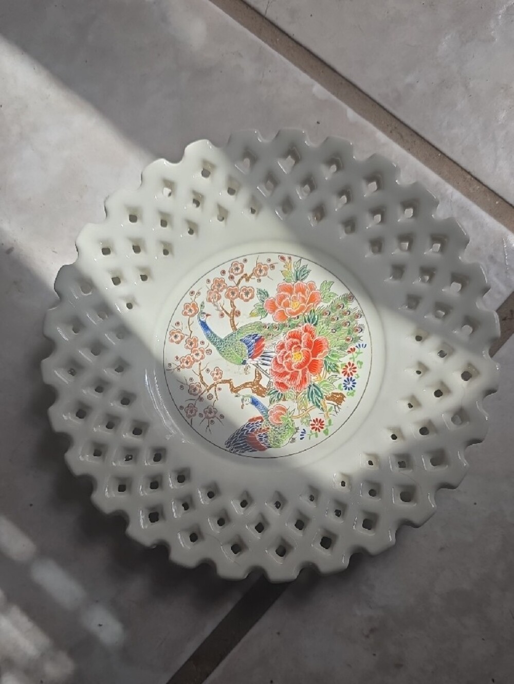 Porcelain Lattice Wall Plate with Peony & Peacock Design - White